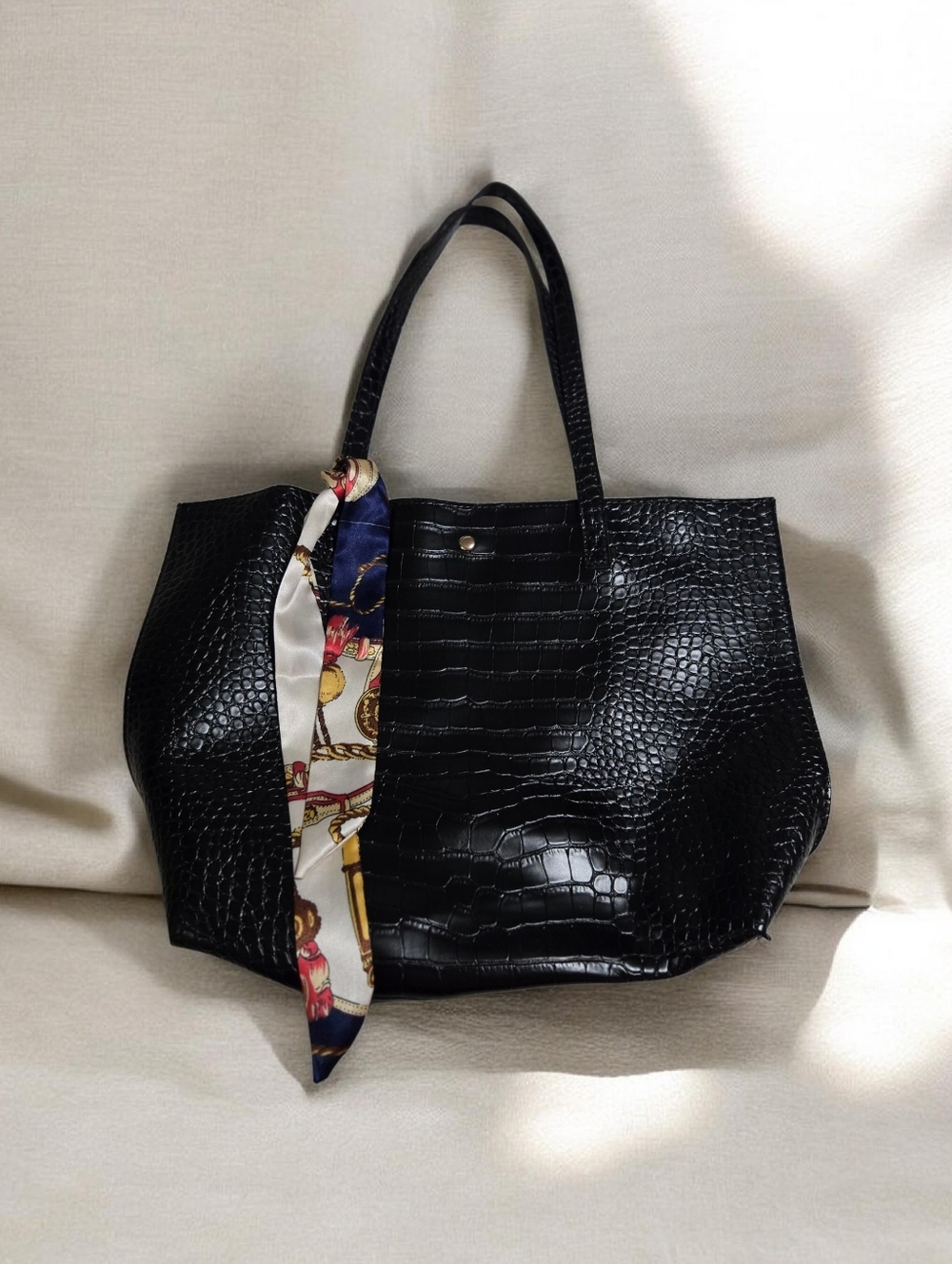 Black Croc-Textured Tote Bag with Scarf Accent EUC!